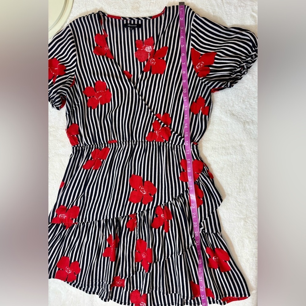 Madewell Black and White Striped Floral Print Faux Wrap Dress - Picture 9 of 12